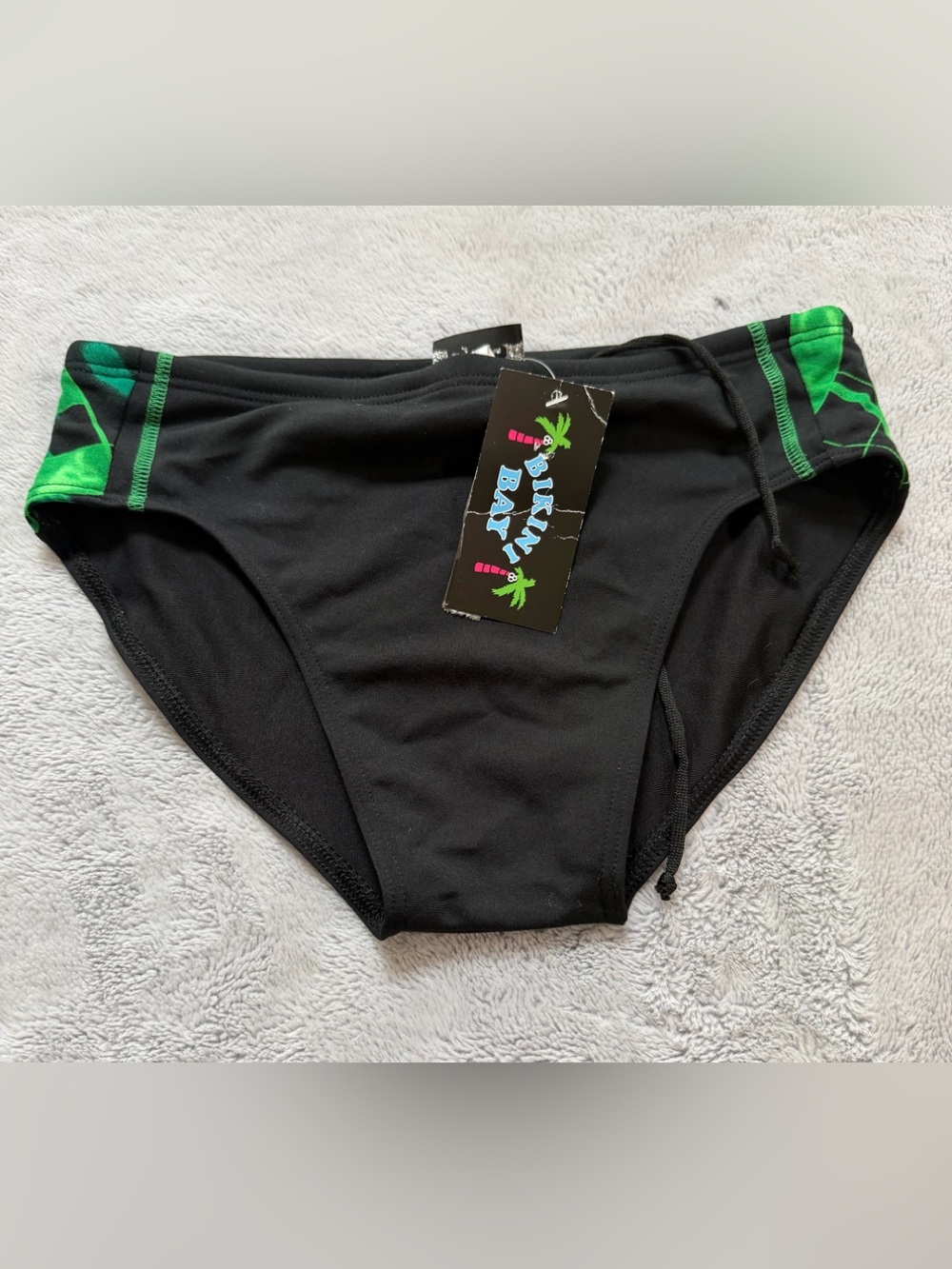 Bikini Bay Men's Size 32 Black Swim Brief Green Accents Brand New Tags